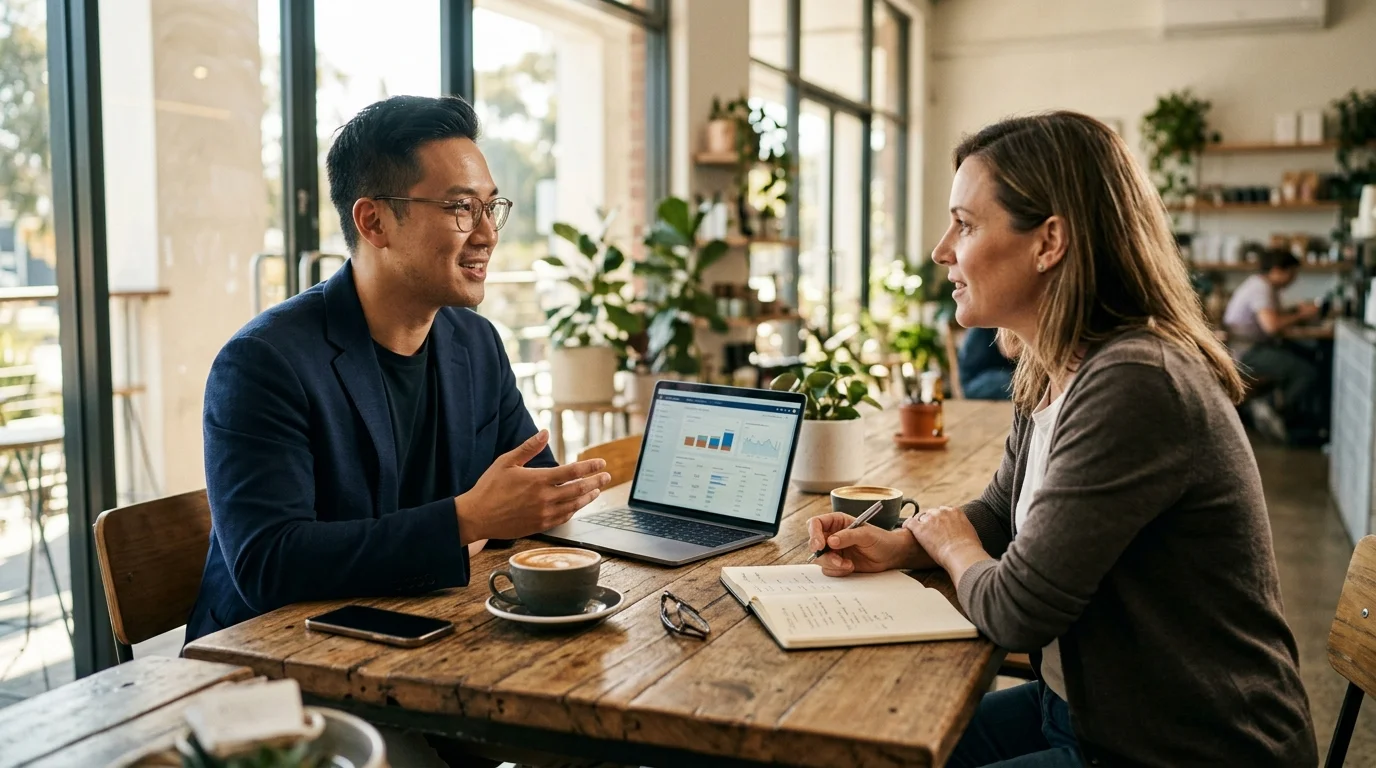 SEO consultant explaining small business SEO strategy to a business owner