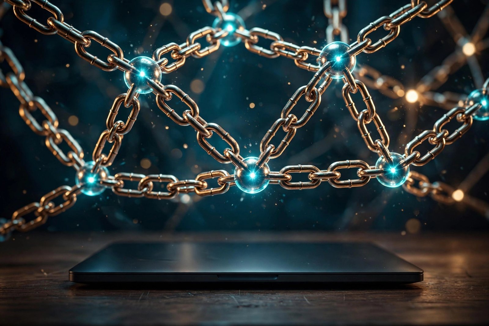White-label link building — glowing network of connected chain links over a desk