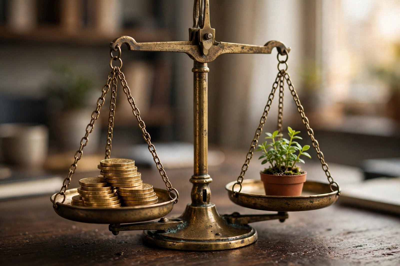 Is white-label SEO worth it — antique balance scale weighing coins against a growing plant